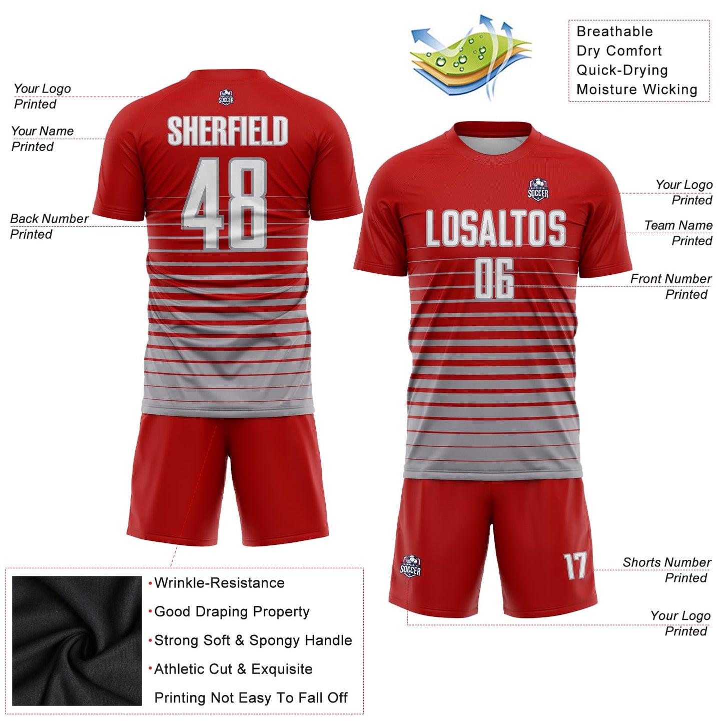 Custom Red White-Gray Pinstripe Fade Fashion Sublimation Soccer Uniform Jersey - Sky-Custom