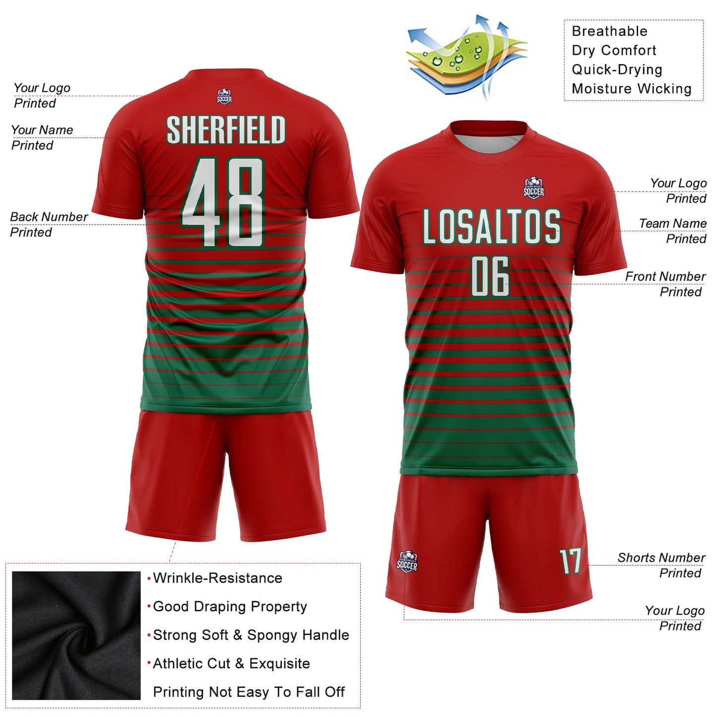 Custom Red White-Kelly Green Pinstripe Fade Fashion Sublimation Soccer Uniform Jersey - Sky-Custom