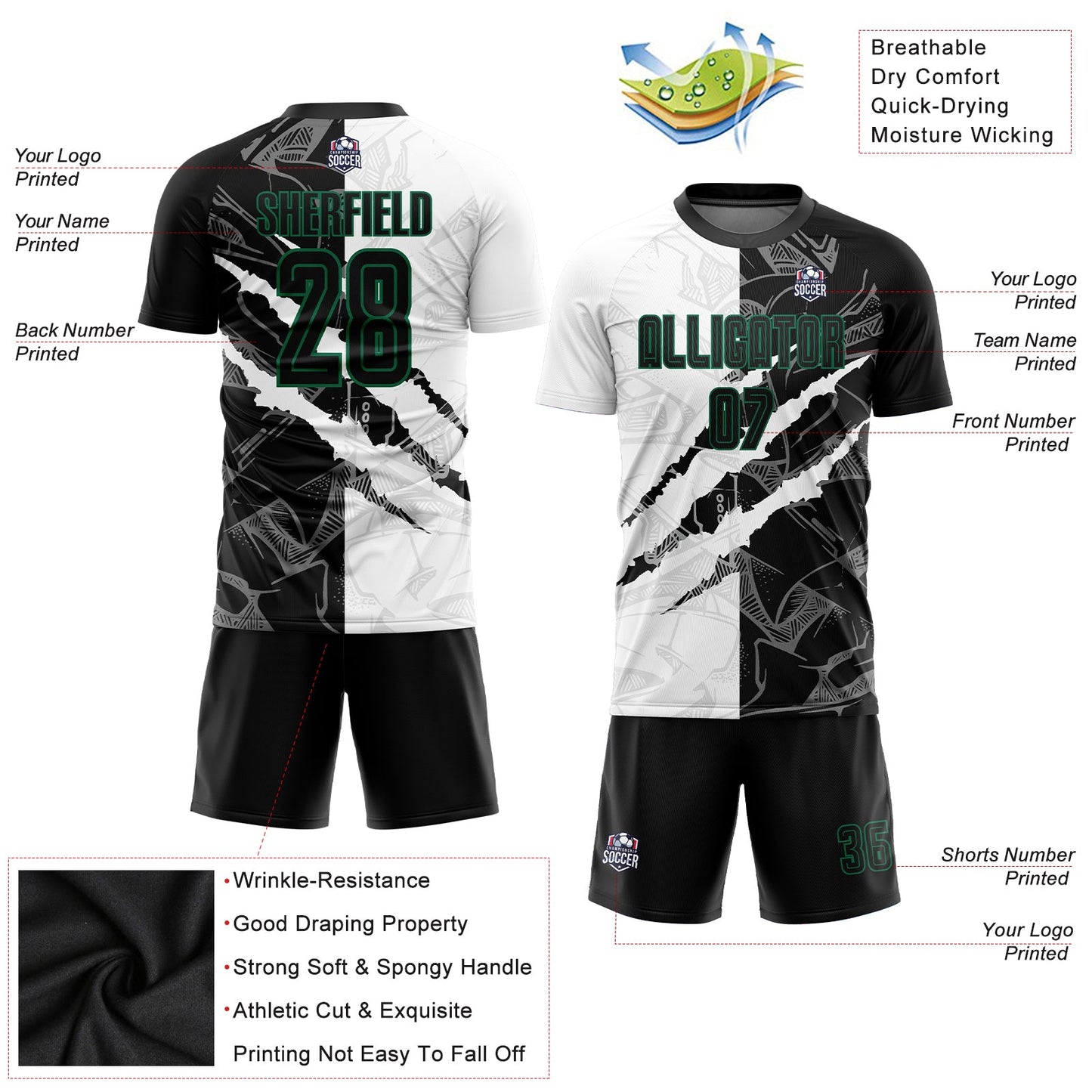 Custom Graffiti Pattern Black-Kelly Green Scratch Sublimation Soccer Uniform Jersey - Sky-Custom