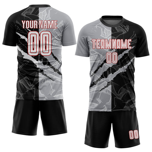 Custom Graffiti Pattern White Black Gray-Red Scratch Sublimation Soccer Uniform Jersey - Sky-Custom