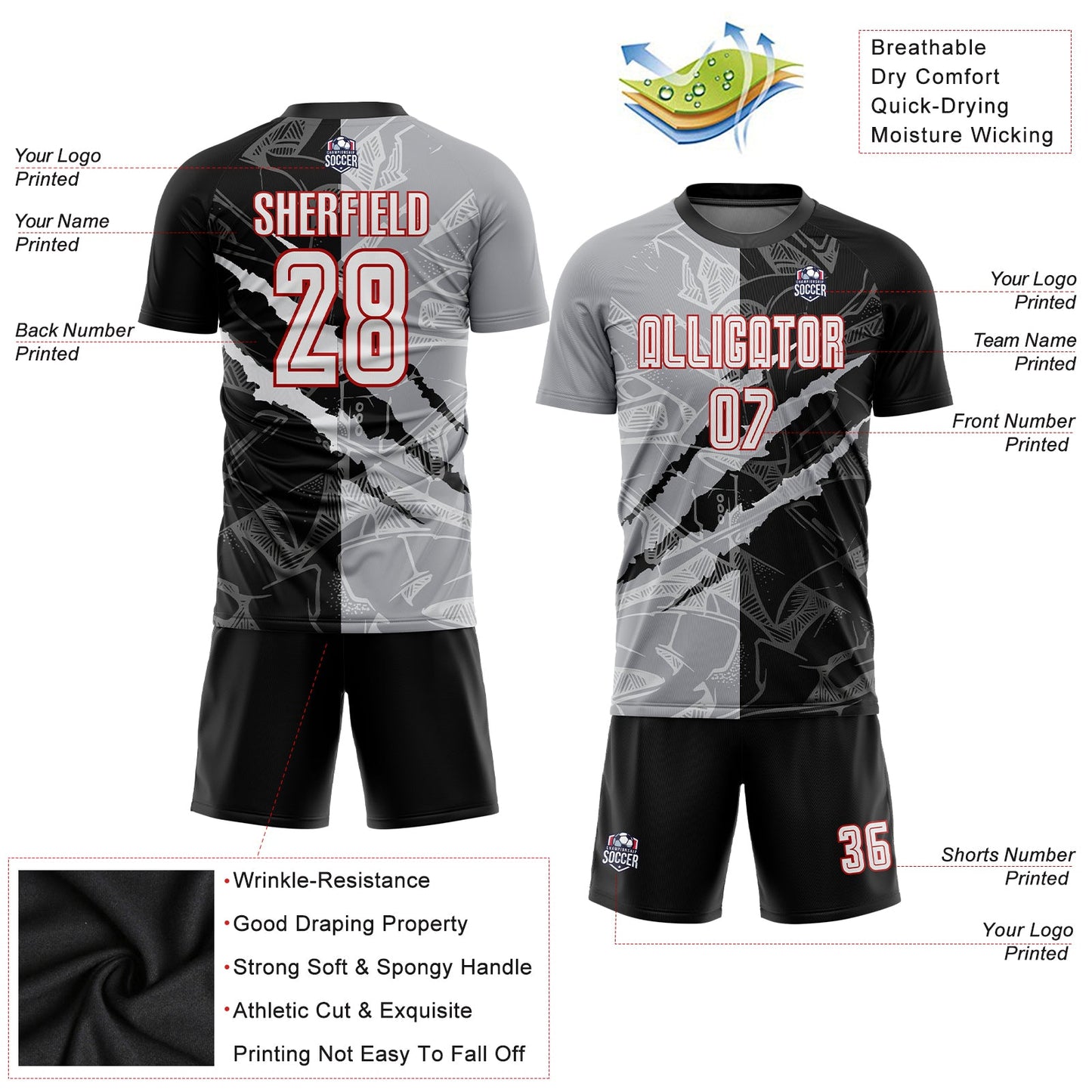 Custom Graffiti Pattern White Black Gray-Red Scratch Sublimation Soccer Uniform Jersey - Sky-Custom