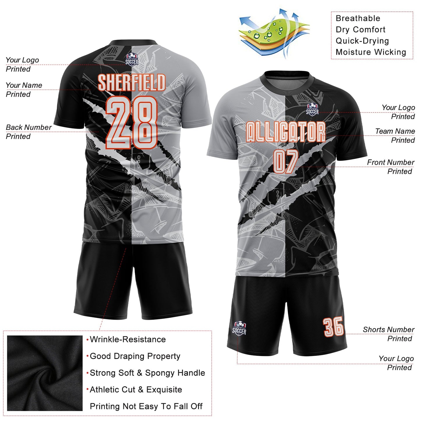 Custom Graffiti Pattern White Black Gray-Orange Scratch Sublimation Soccer Uniform Jersey - Sky-Custom