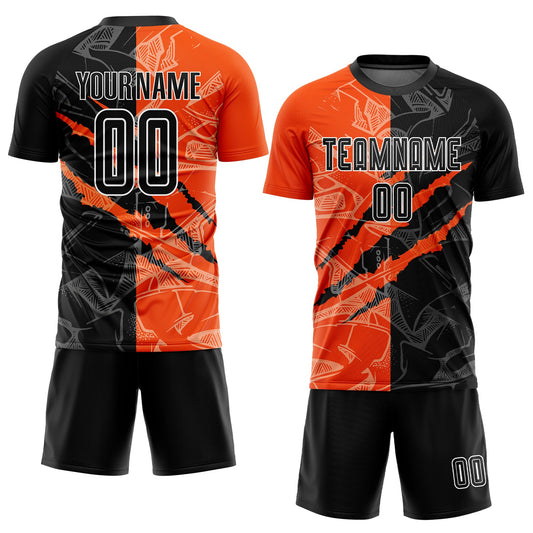 Custom Graffiti Pattern Black-Orange Scratch Sublimation Soccer Uniform Jersey - Sky-Custom