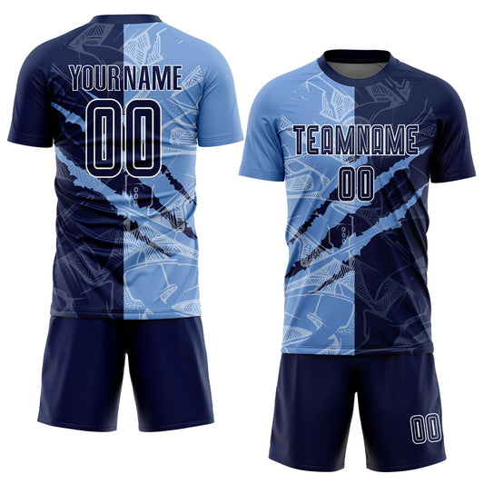 Custom Graffiti Pattern Navy-Light Blue Scratch Sublimation Soccer Uniform Jersey - Sky-Custom