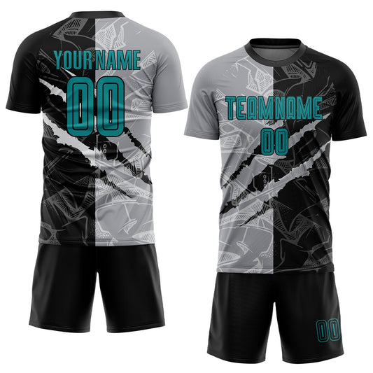 Custom Graffiti Pattern Teal Black-Gray Scratch Sublimation Soccer Uniform Jersey - Sky-Custom