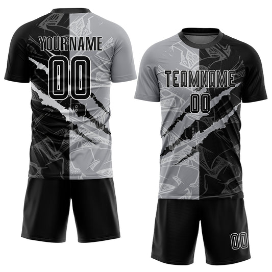 Custom Graffiti Pattern Black-Gray Scratch Sublimation Soccer Uniform Jersey - Sky-Custom