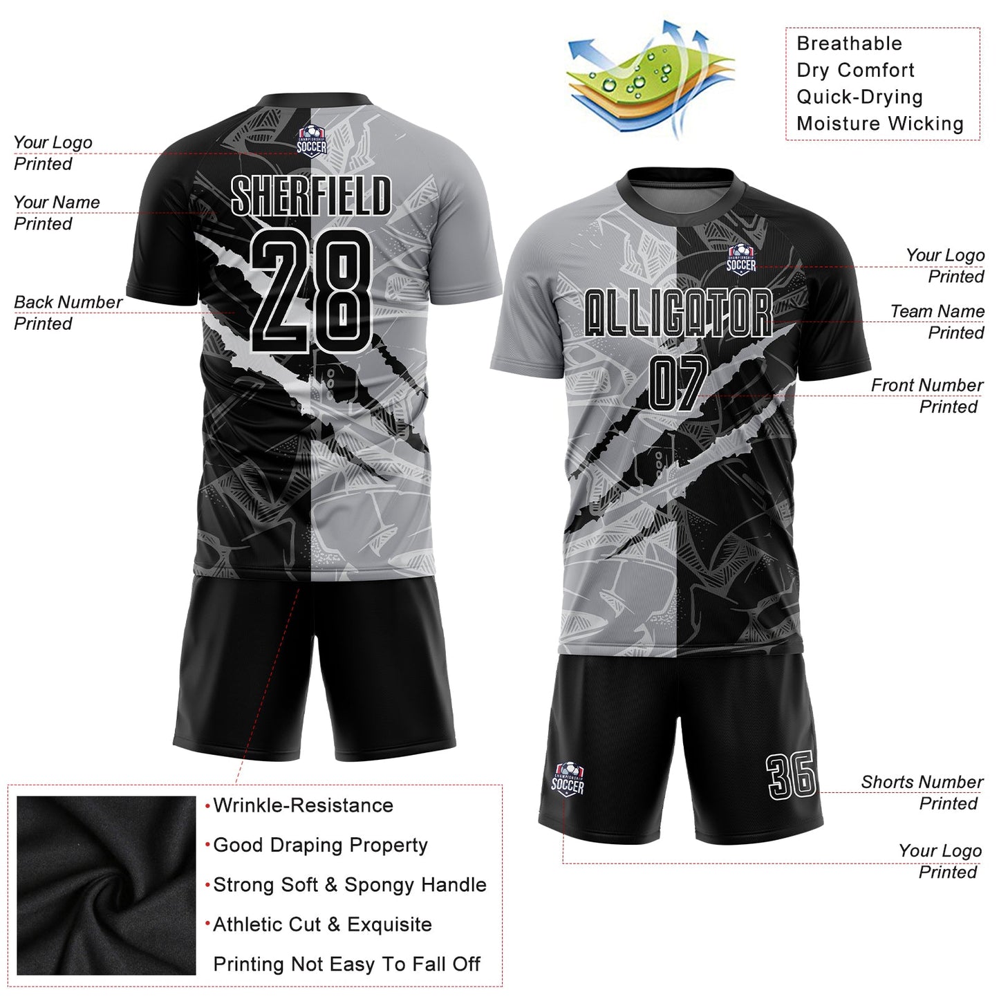 Custom Graffiti Pattern Black-Gray Scratch Sublimation Soccer Uniform Jersey - Sky-Custom