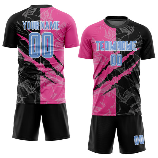 Custom Graffiti Pattern Light Blue Black-Pink Scratch Sublimation Soccer Uniform Jersey - Sky-Custom