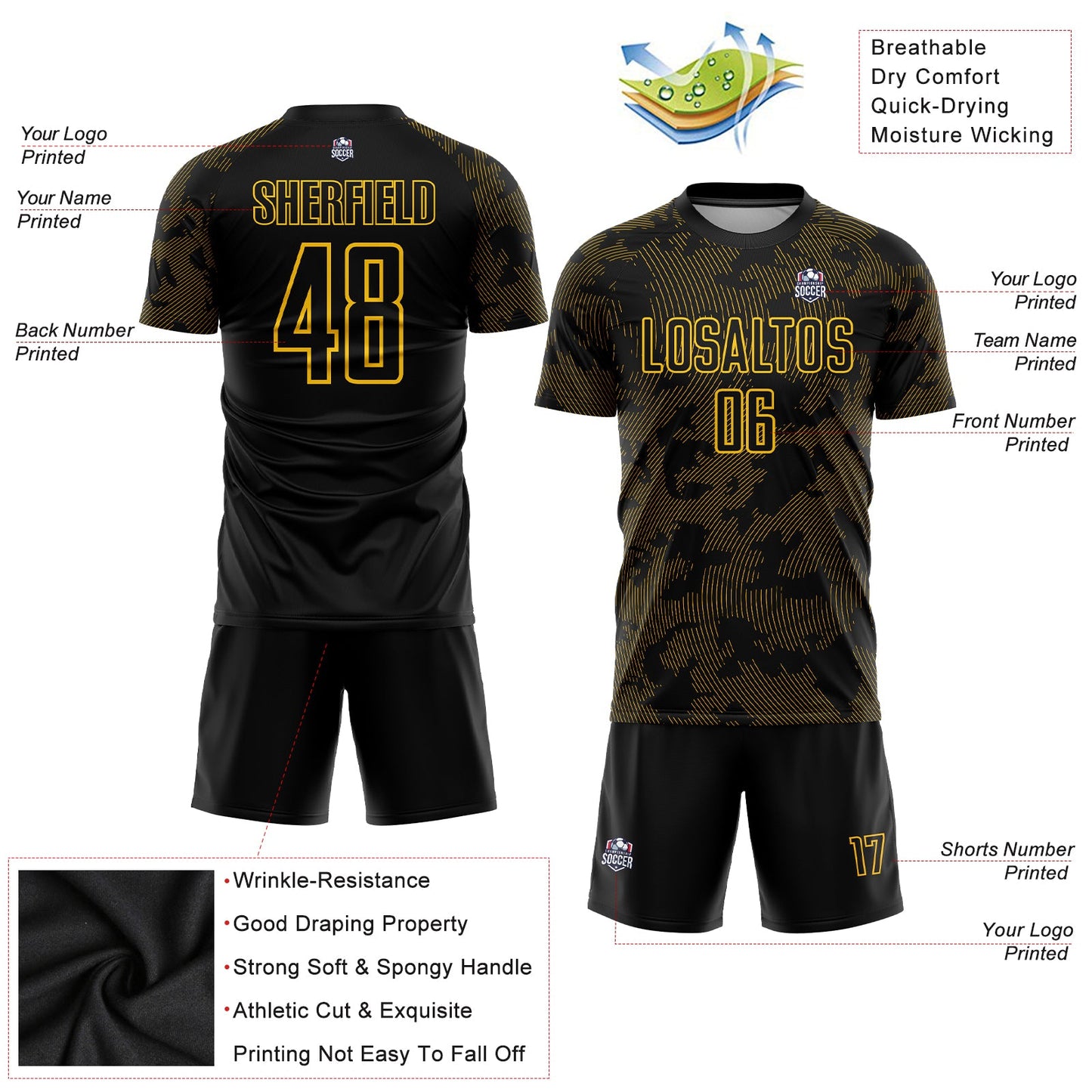 Custom Black Gold Sublimation Soccer Uniform Jersey - Sky-Custom