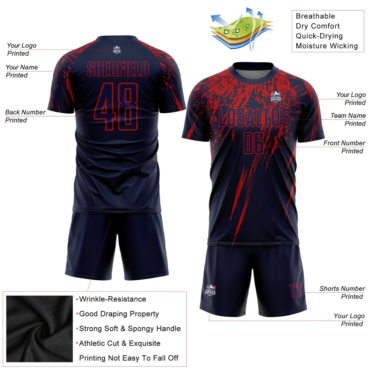 Custom Navy Red Sublimation Soccer Uniform Jersey - Sky-Custom