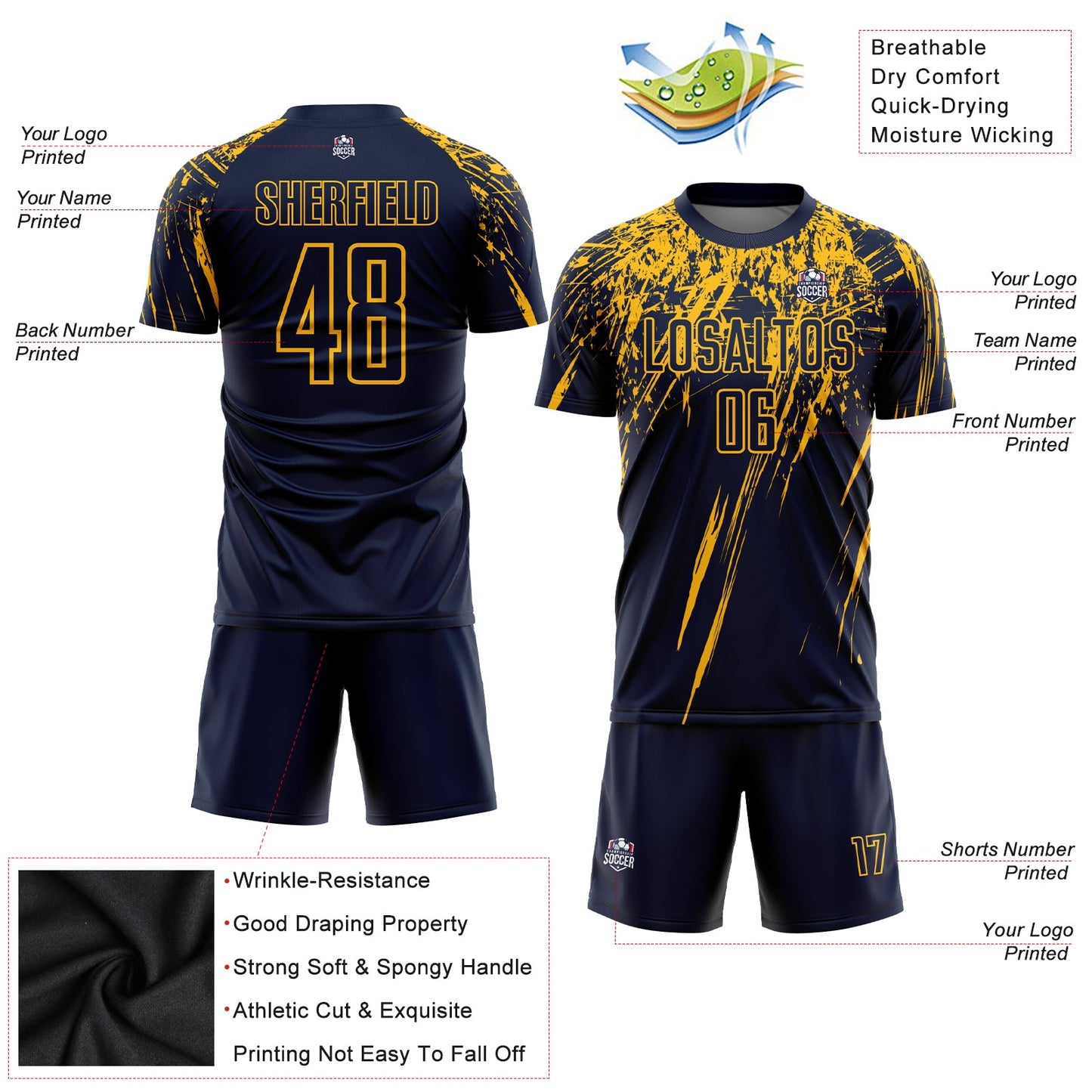 Custom Navy Yellow Sublimation Soccer Uniform Jersey - Sky-Custom