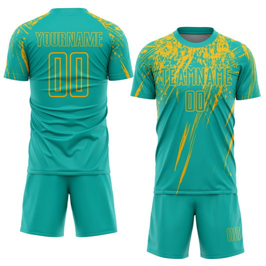 Custom Aqua Gold Sublimation Soccer Uniform Jersey - Sky-Custom
