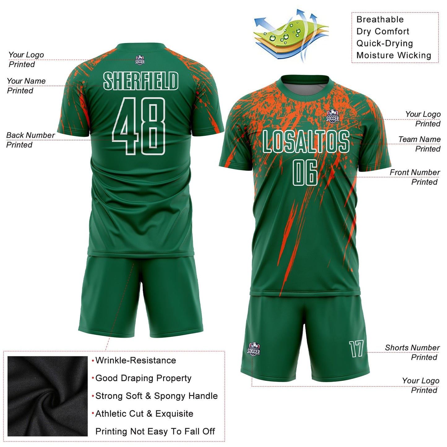 Custom Kelly Green Orange-White Sublimation Soccer Uniform Jersey - Sky-Custom