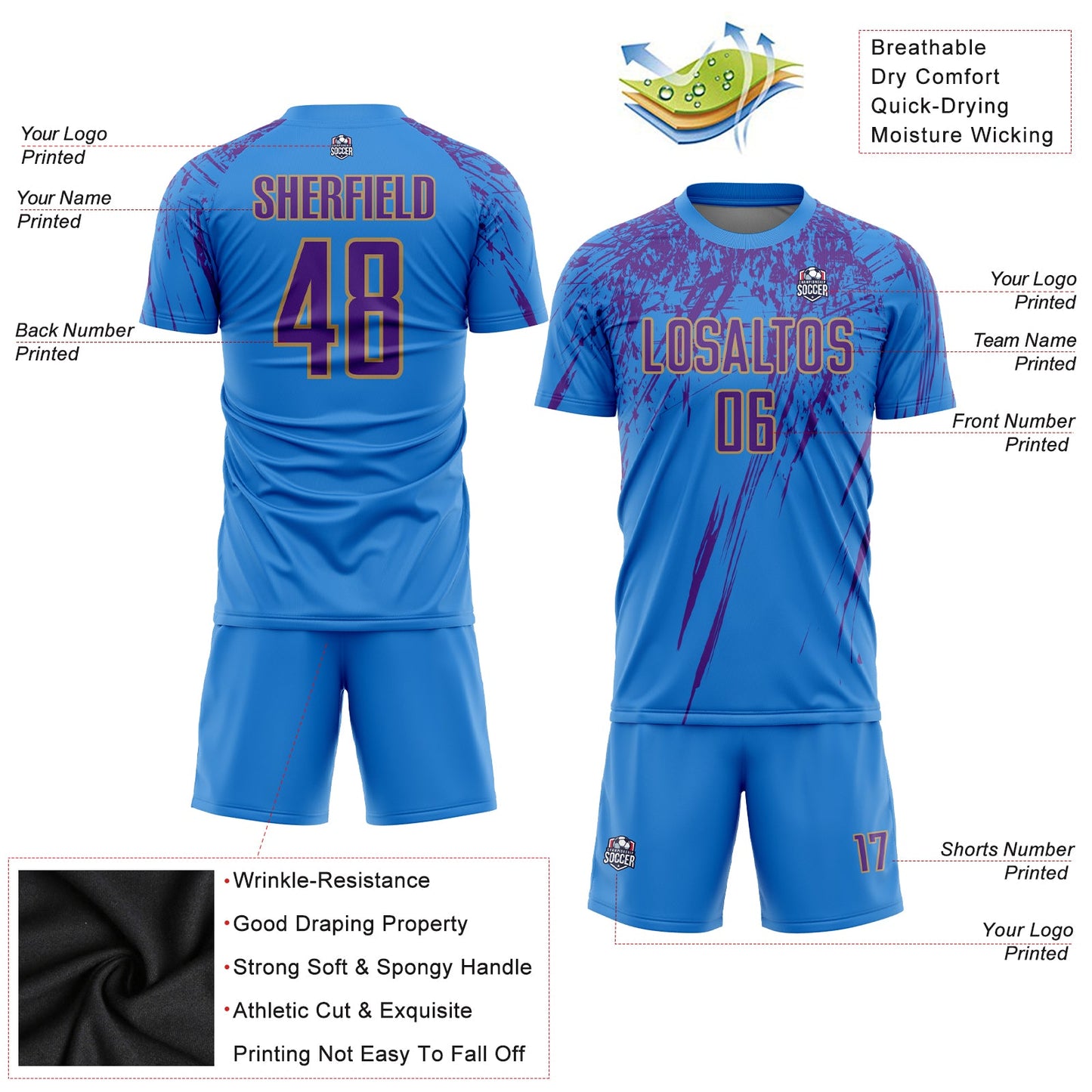 Custom Powder Blue Purple-Old Gold Sublimation Soccer Uniform Jersey - Sky-Custom