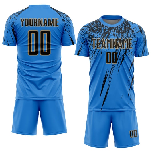 Custom Powder Blue Black-Old Gold Sublimation Soccer Uniform Jersey - Sky-Custom