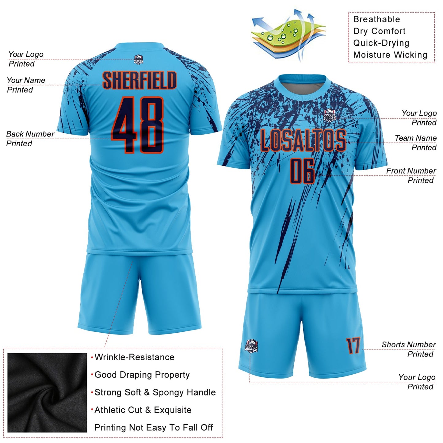 Custom Sky Blue Navy-Orange Sublimation Soccer Uniform Jersey - Sky-Custom