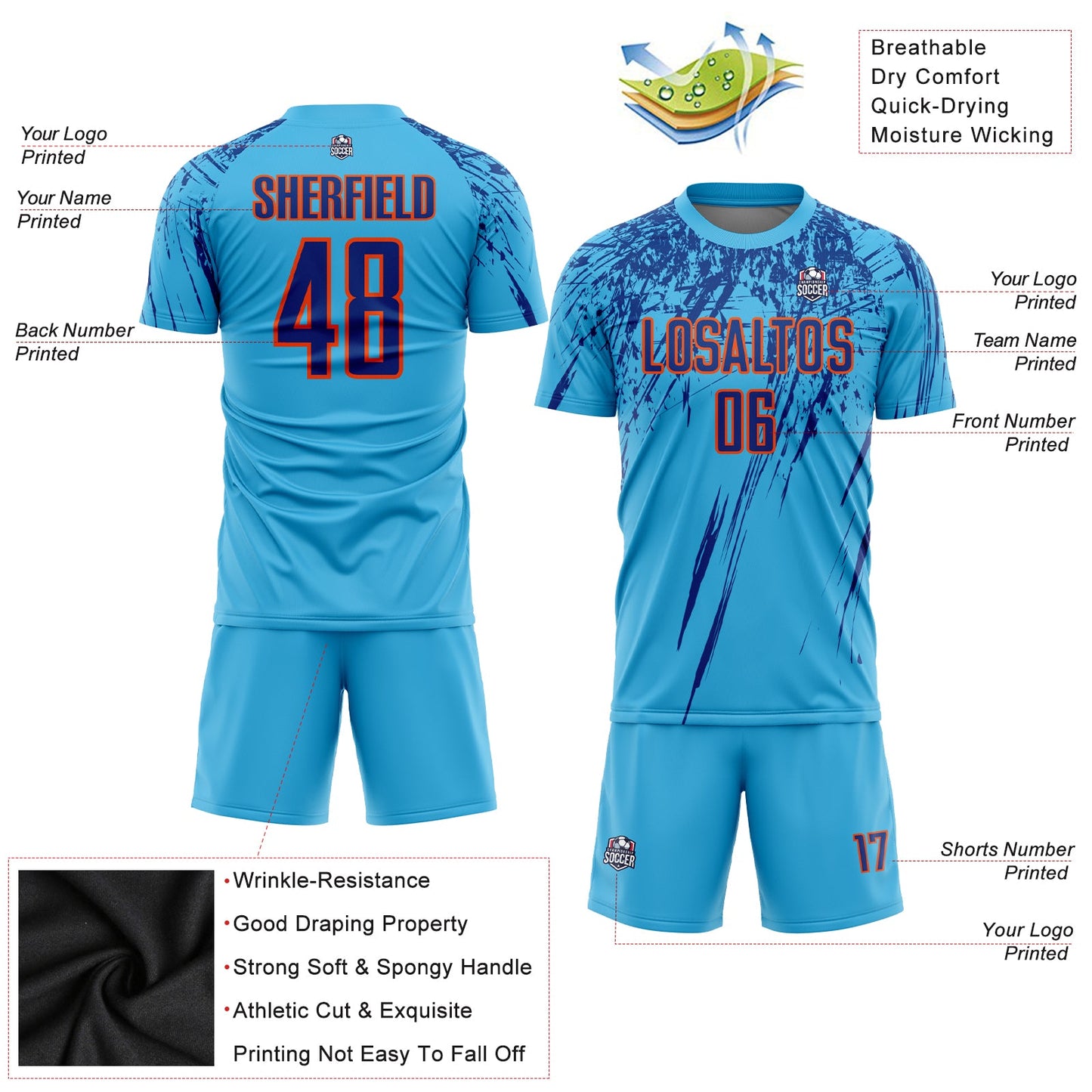 Custom Sky Blue Royal-Orange Sublimation Soccer Uniform Jersey - Sky-Custom