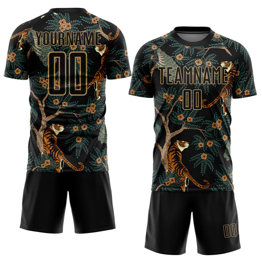 Custom Black Old Gold Tiger And Peacock Sublimation Soccer Uniform Jersey - Sky-Custom