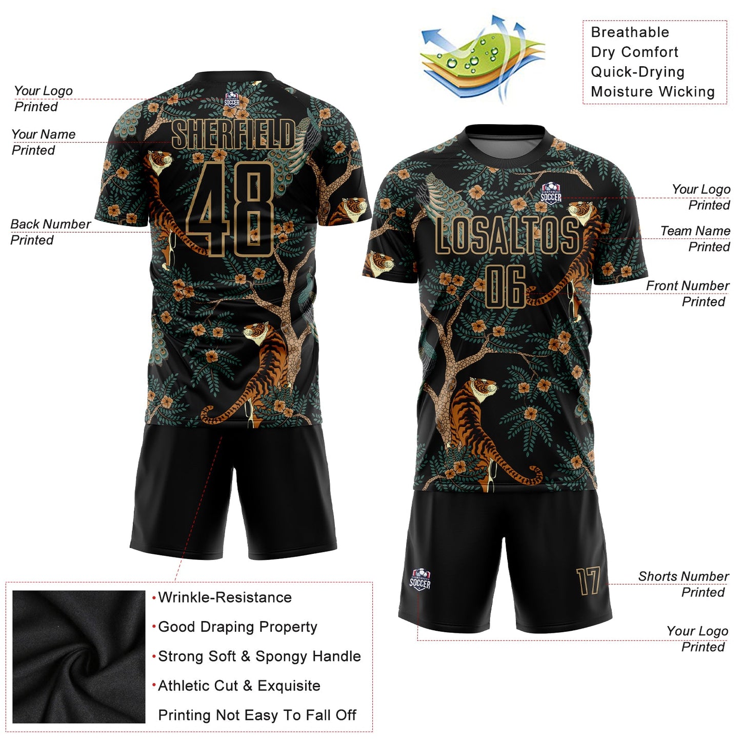 Custom Black Old Gold Tiger And Peacock Sublimation Soccer Uniform Jersey - Sky-Custom