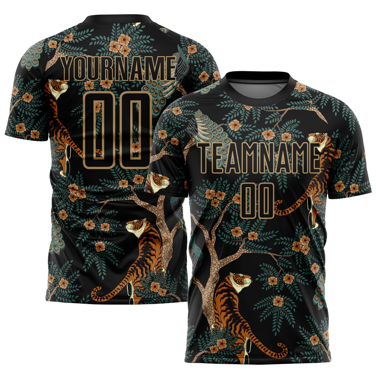Custom Black Old Gold Tiger And Peacock Sublimation Soccer Uniform Jersey - Sky-Custom