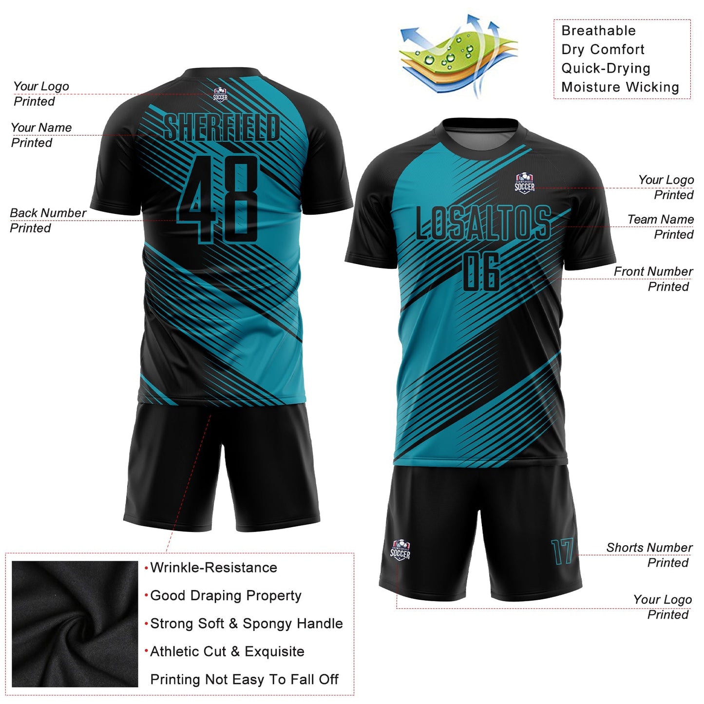Custom Teal Black Sublimation Soccer Uniform Jersey - Sky-Custom