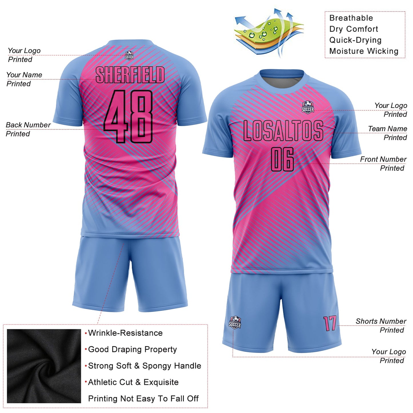 Custom Light Blue Pink-Black Sublimation Soccer Uniform Jersey - Sky-Custom