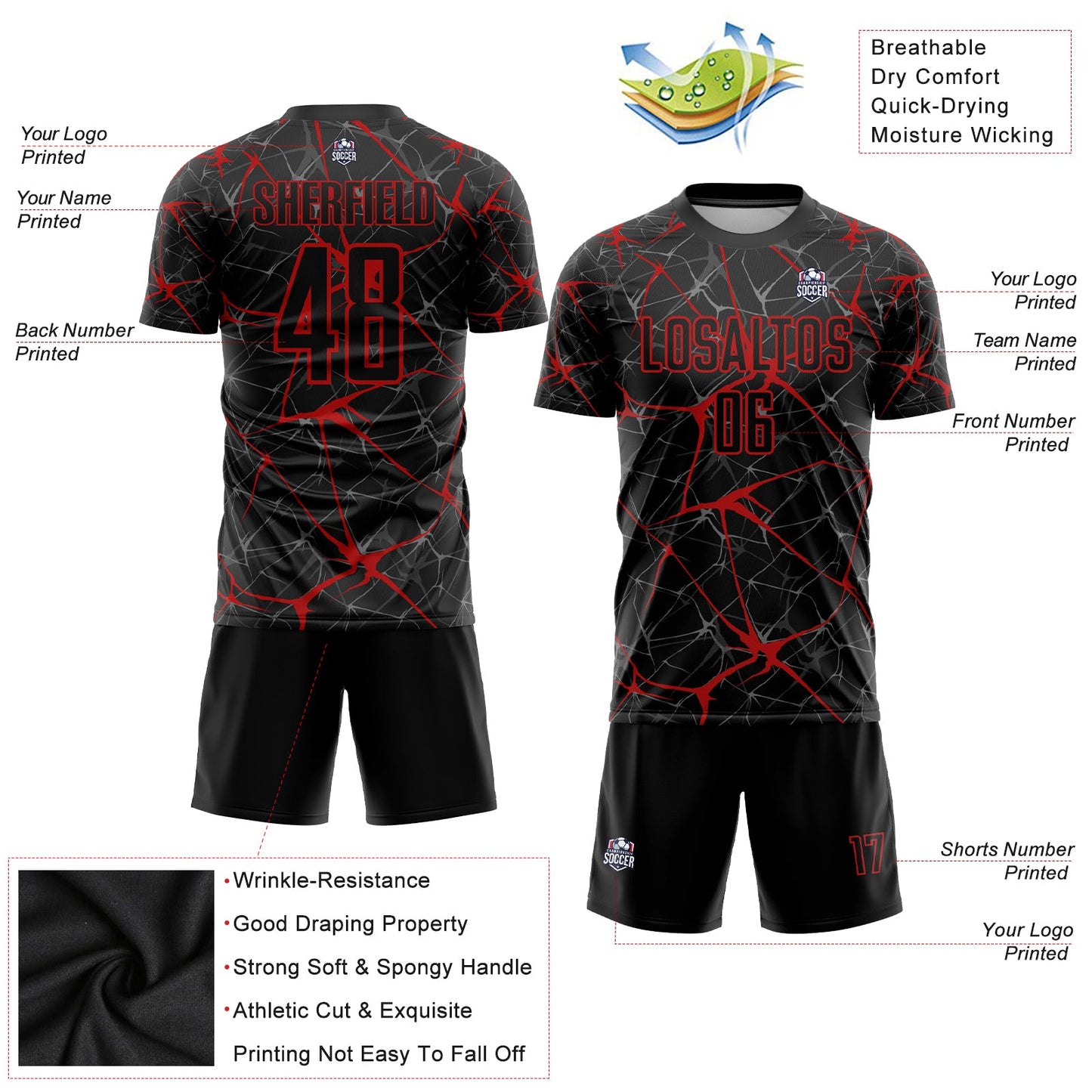 Custom Black Red Sublimation Soccer Uniform Jersey - Sky-Custom
