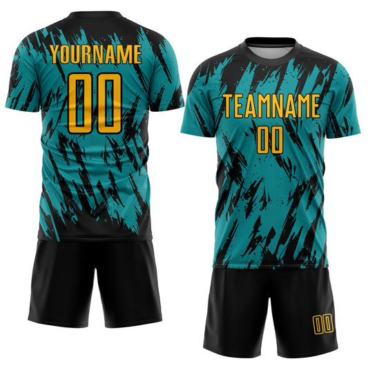 Custom Teal Gold Black Sublimation Soccer Uniform Jersey - Sky-Custom
