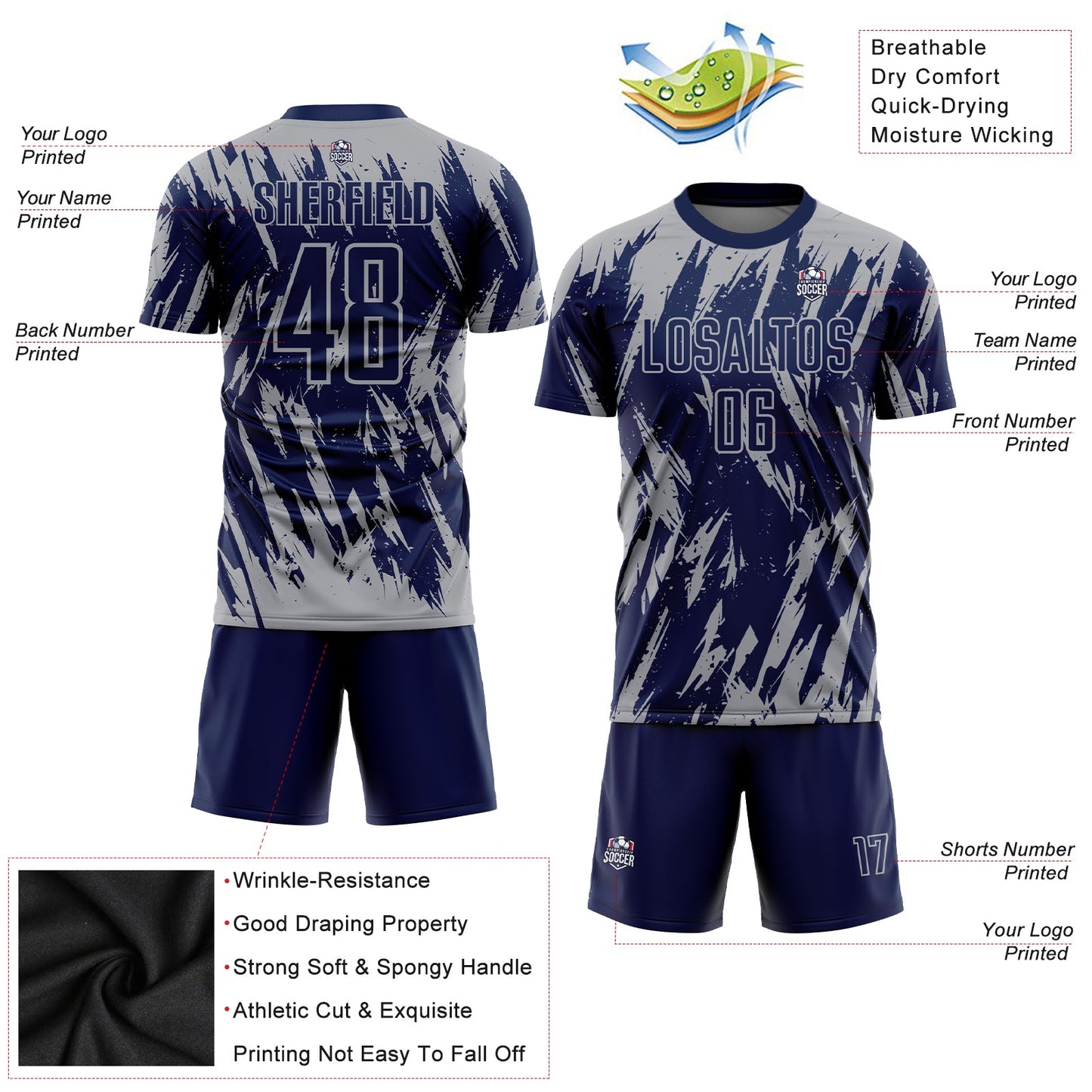 Custom Navy Gray Sublimation Soccer Uniform Jersey - Sky-Custom