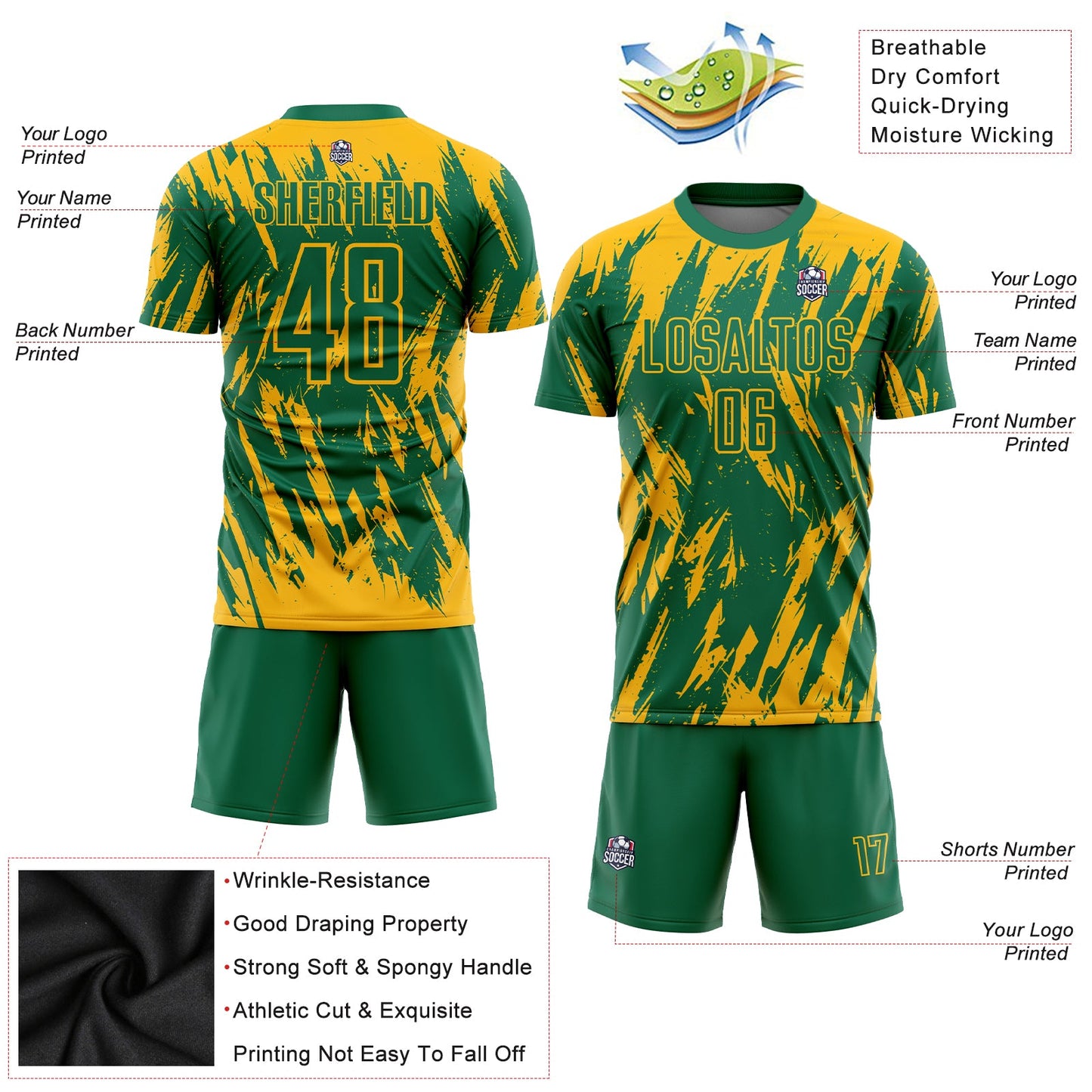 Custom Gold Kelly Green Sublimation Soccer Uniform Jersey - Sky-Custom