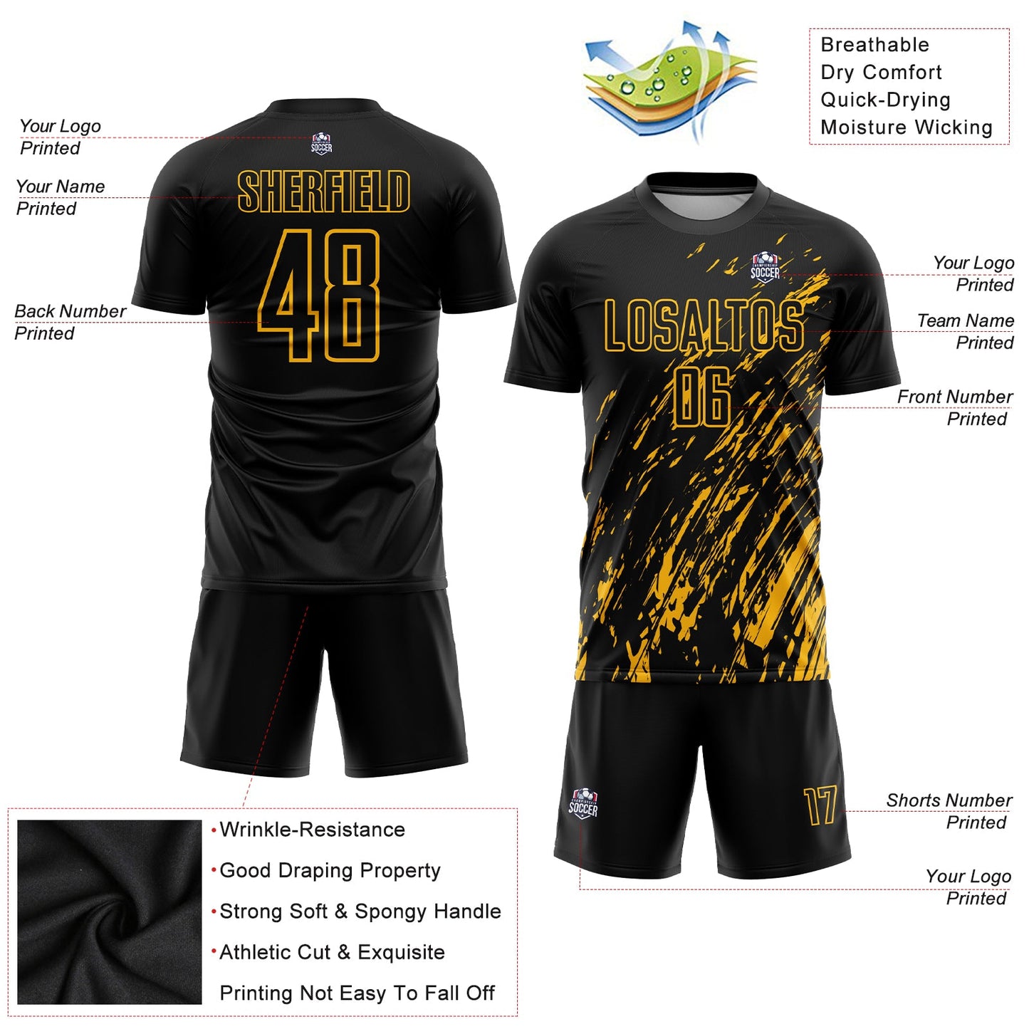 Custom Black Gold Sublimation Soccer Uniform Jersey - Sky-Custom