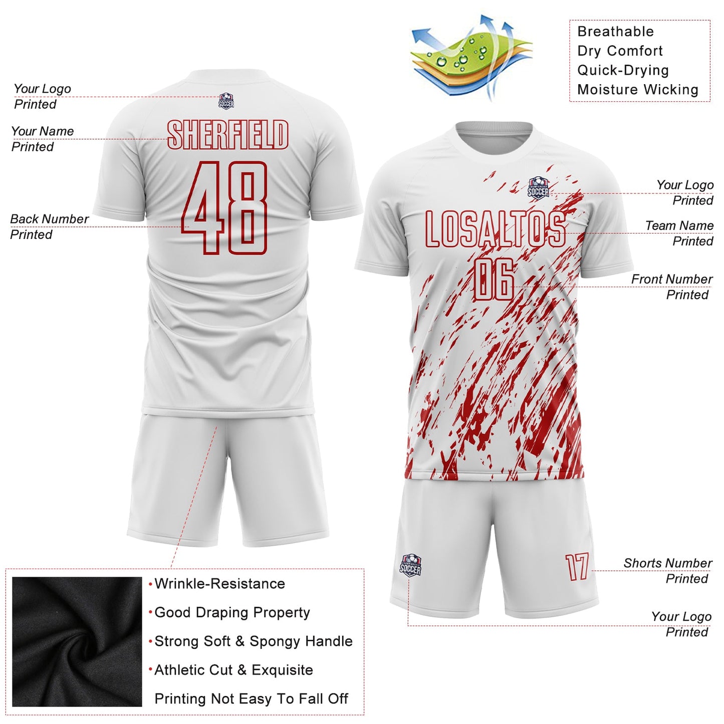 Custom White Red Sublimation Soccer Uniform Jersey - Sky-Custom