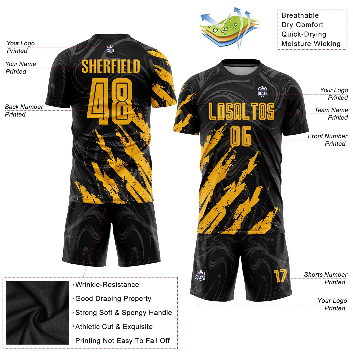 Custom Black Gold Sublimation Soccer Uniform Jersey - Sky-Custom