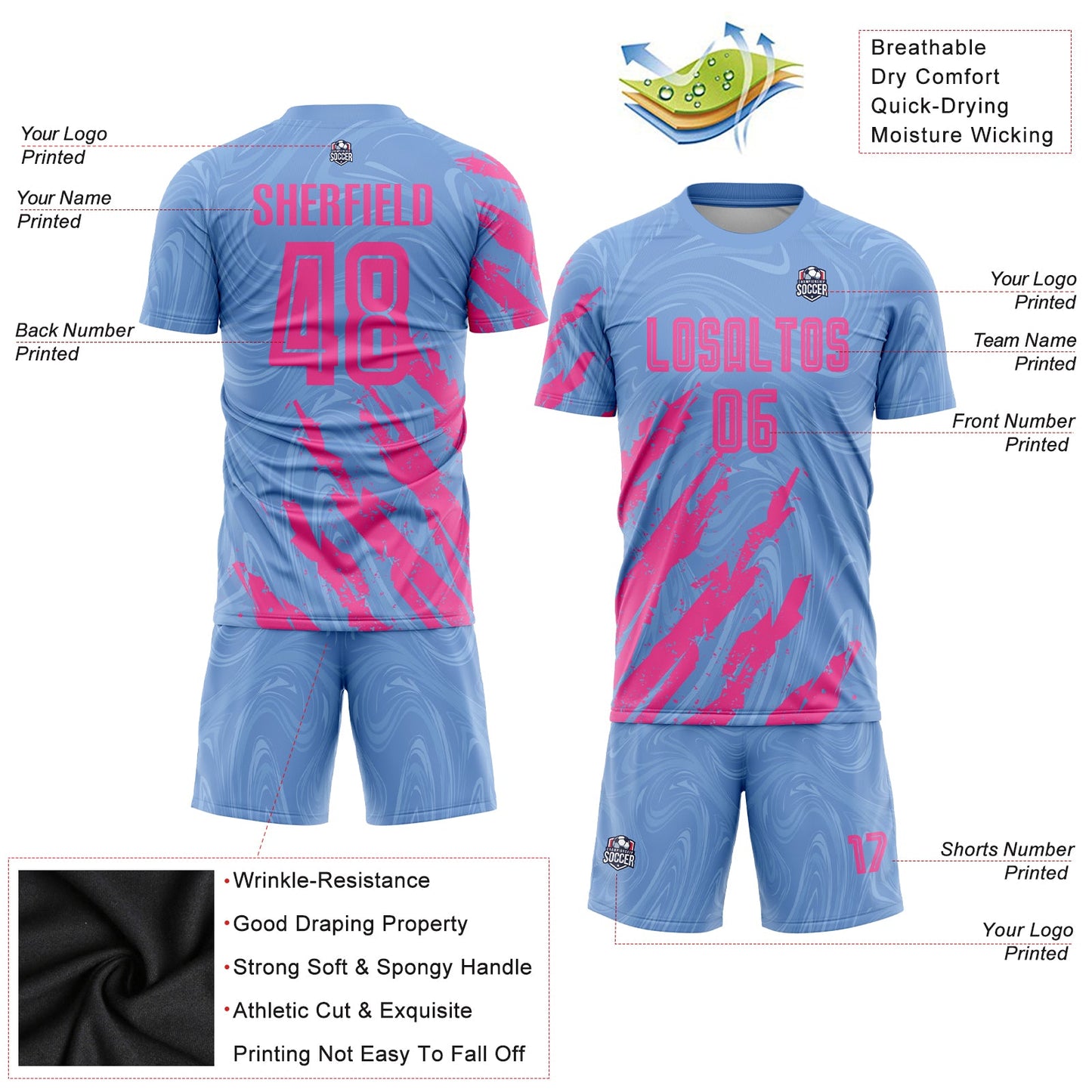 Custom Light Blue Pink Sublimation Soccer Uniform Jersey - Sky-Custom