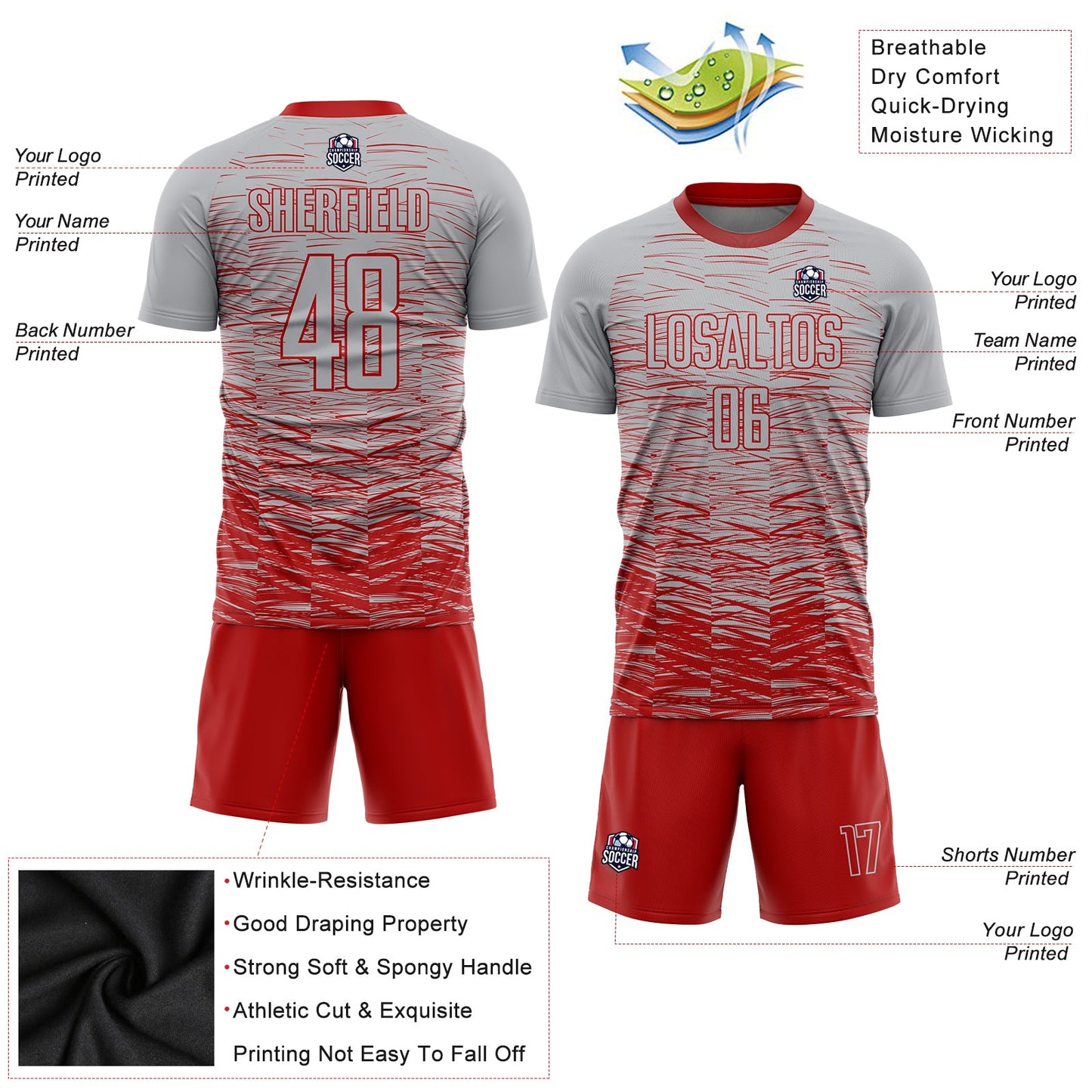 Custom Gray Red Sublimation Soccer Uniform Jersey - Sky-Custom
