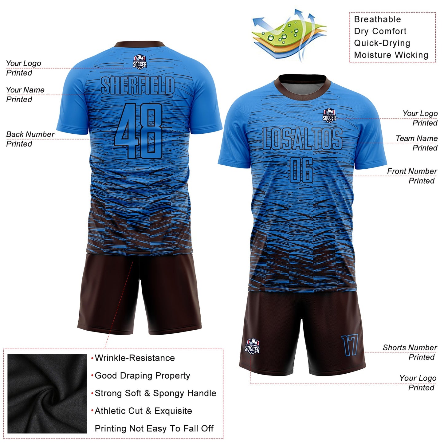 Custom Powder Blue Brown Sublimation Soccer Uniform Jersey - Sky-Custom