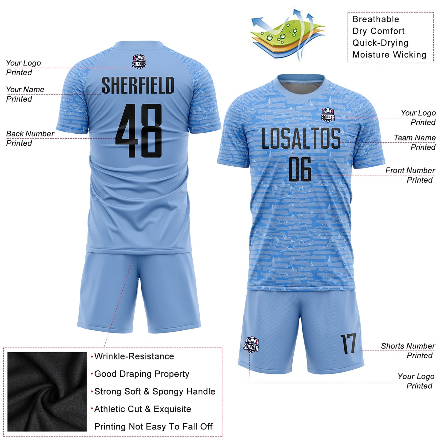 Custom Light Blue Black Sublimation Soccer Uniform Jersey - Sky-Custom