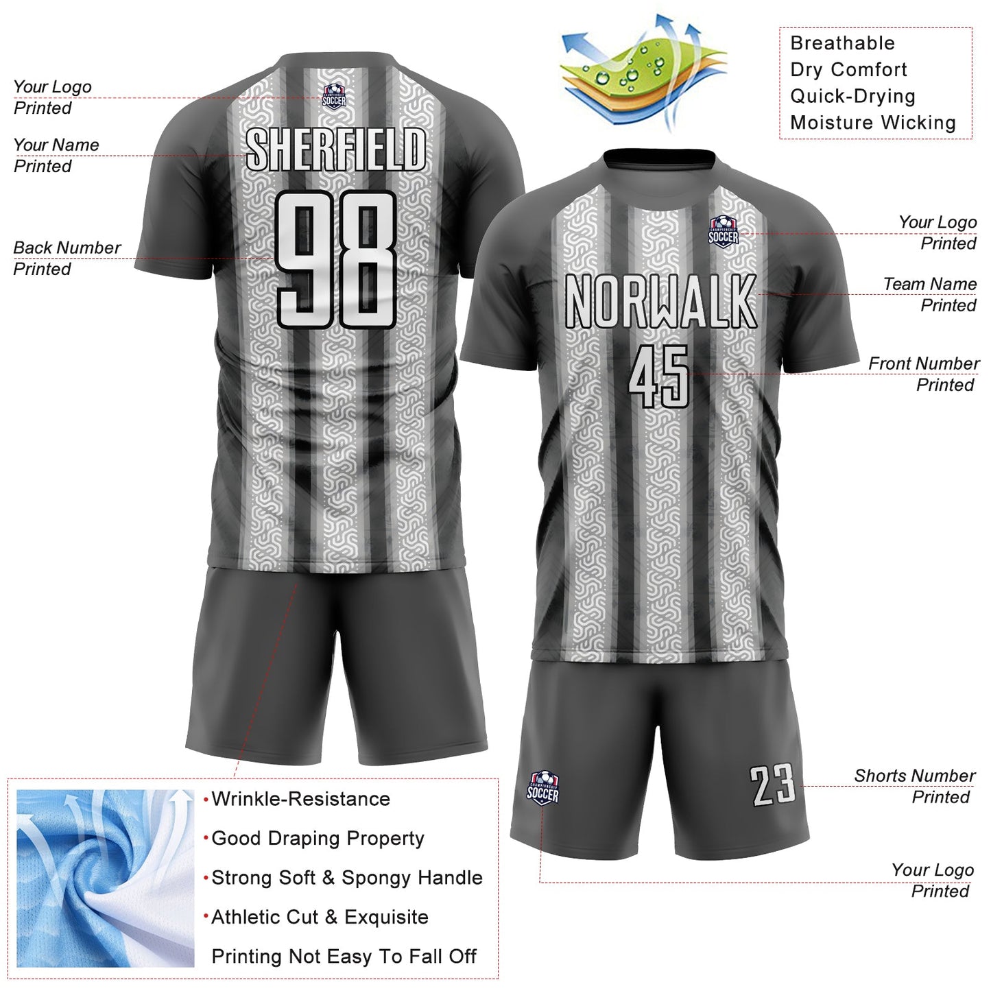 Custom Steel Gray White-Black Ethnic Stripes Sublimation Soccer Uniform Jersey - Sky-Custom