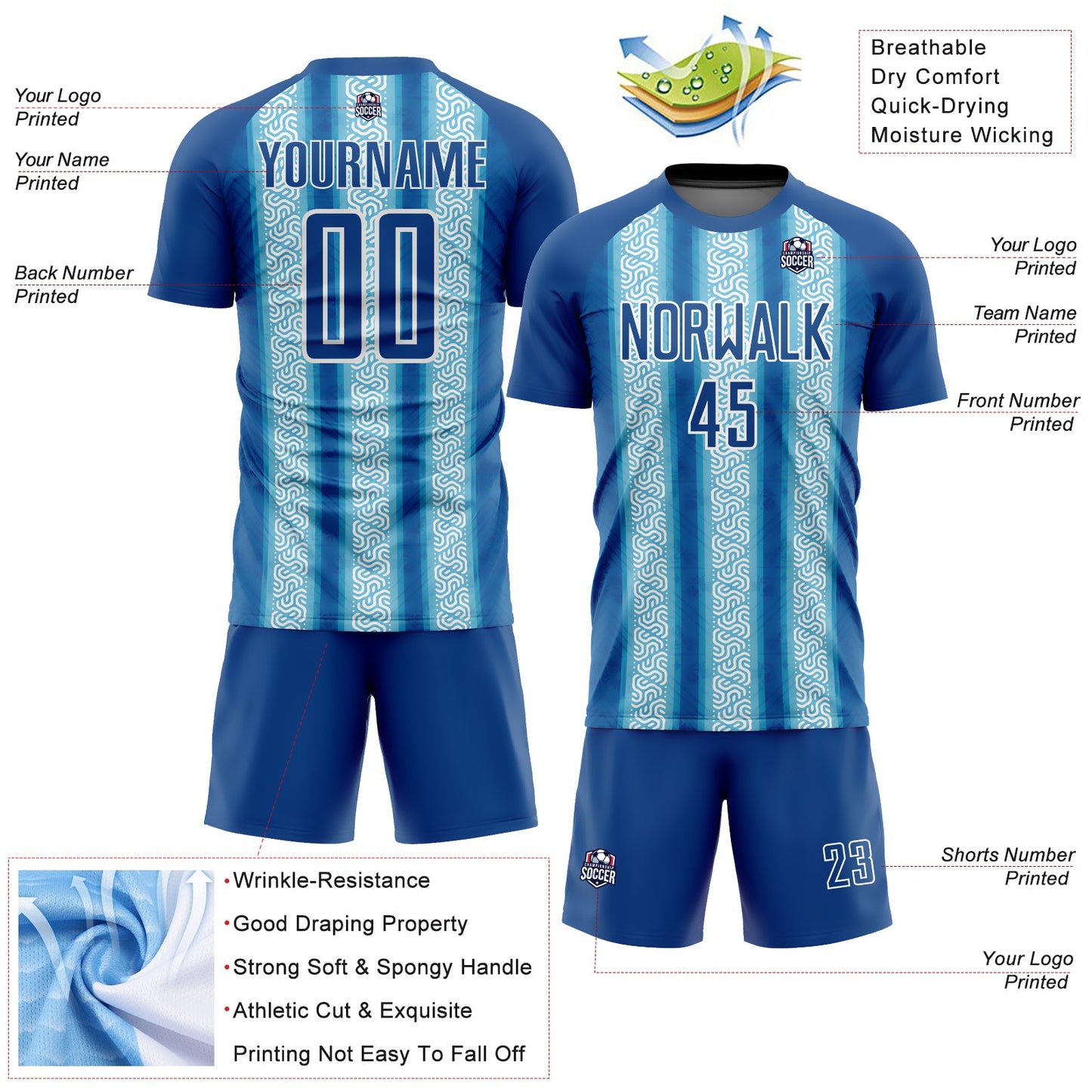 Custom Blue Light Blue-White Ethnic Stripes Sublimation Soccer Uniform Jersey - Sky-Custom