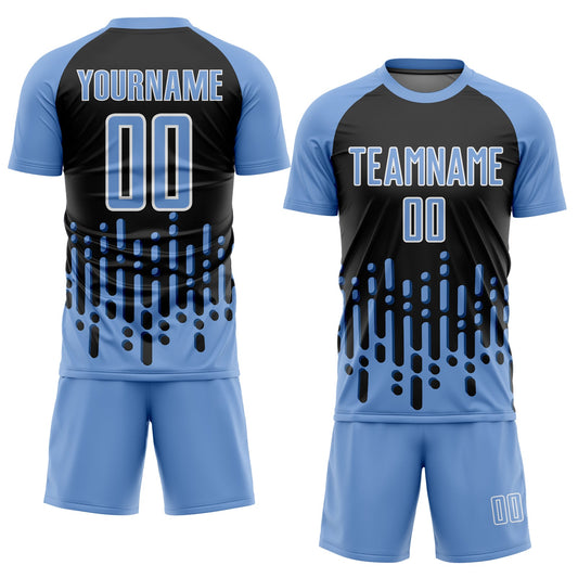 Custom Light Blue Black-White Abstract Fluid Wave Sublimation Soccer Uniform Jersey - Sky-Custom