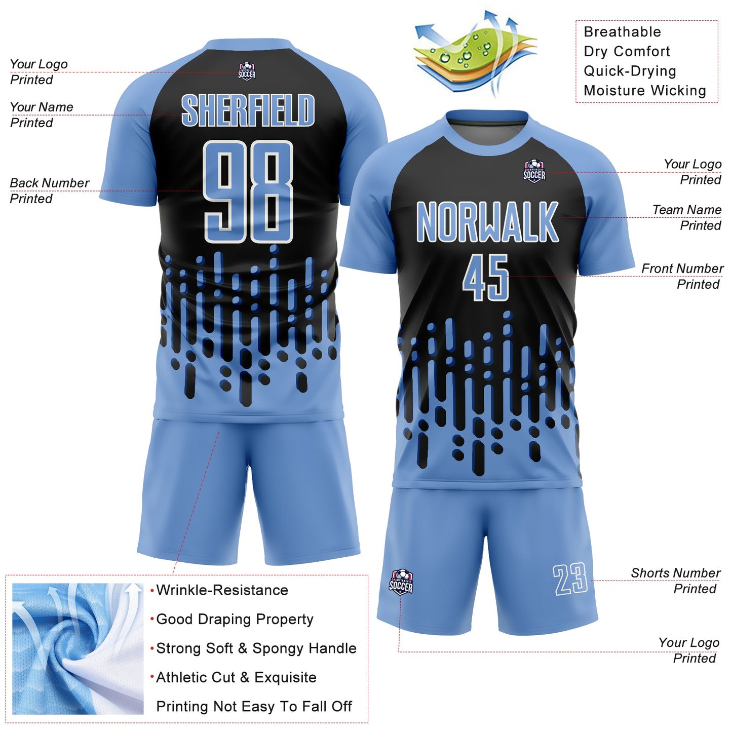 Custom Light Blue Black-White Abstract Fluid Wave Sublimation Soccer Uniform Jersey - Sky-Custom