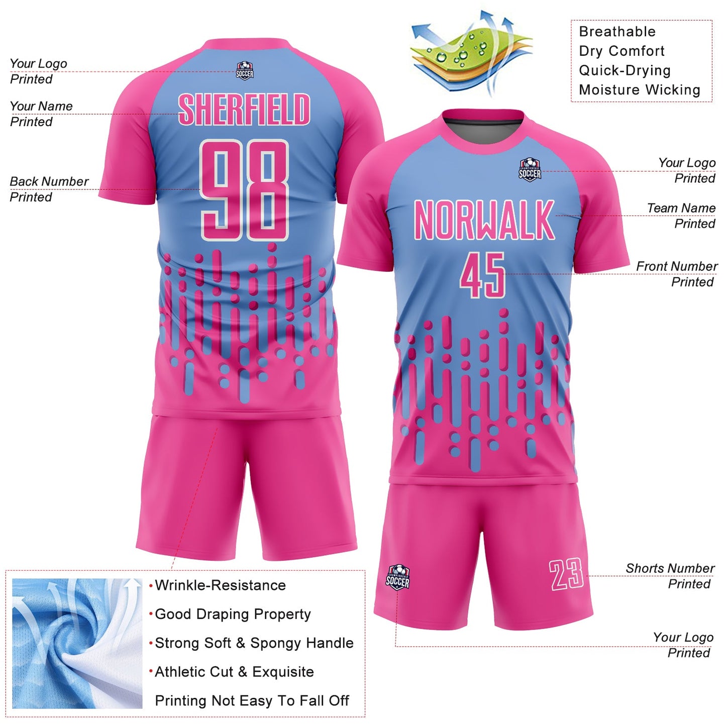 Custom Pink Light Blue-White Abstract Fluid Wave Sublimation Soccer Uniform Jersey - Sky-Custom