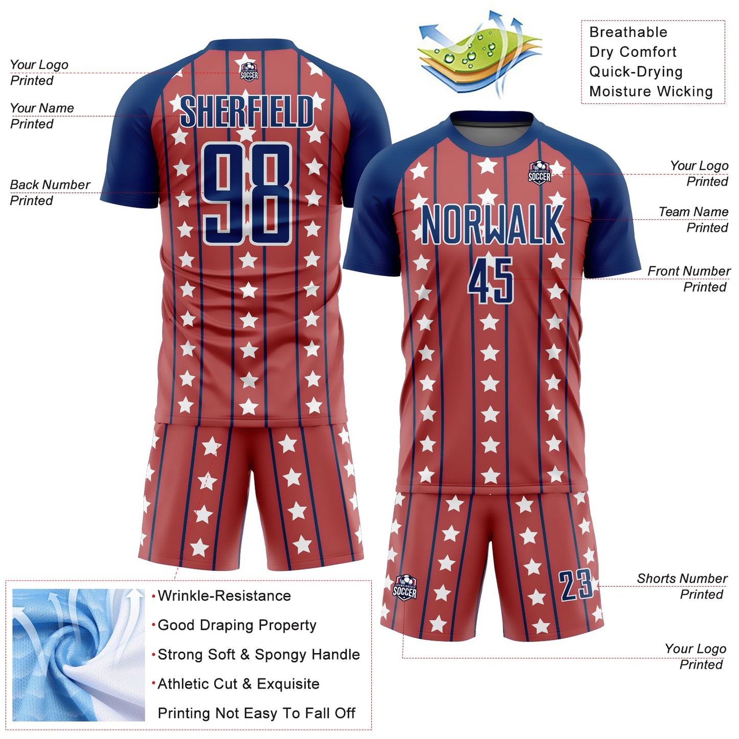 Custom Red Royal-White Stars And Stripes Sublimation Soccer Uniform Jersey - Sky-Custom