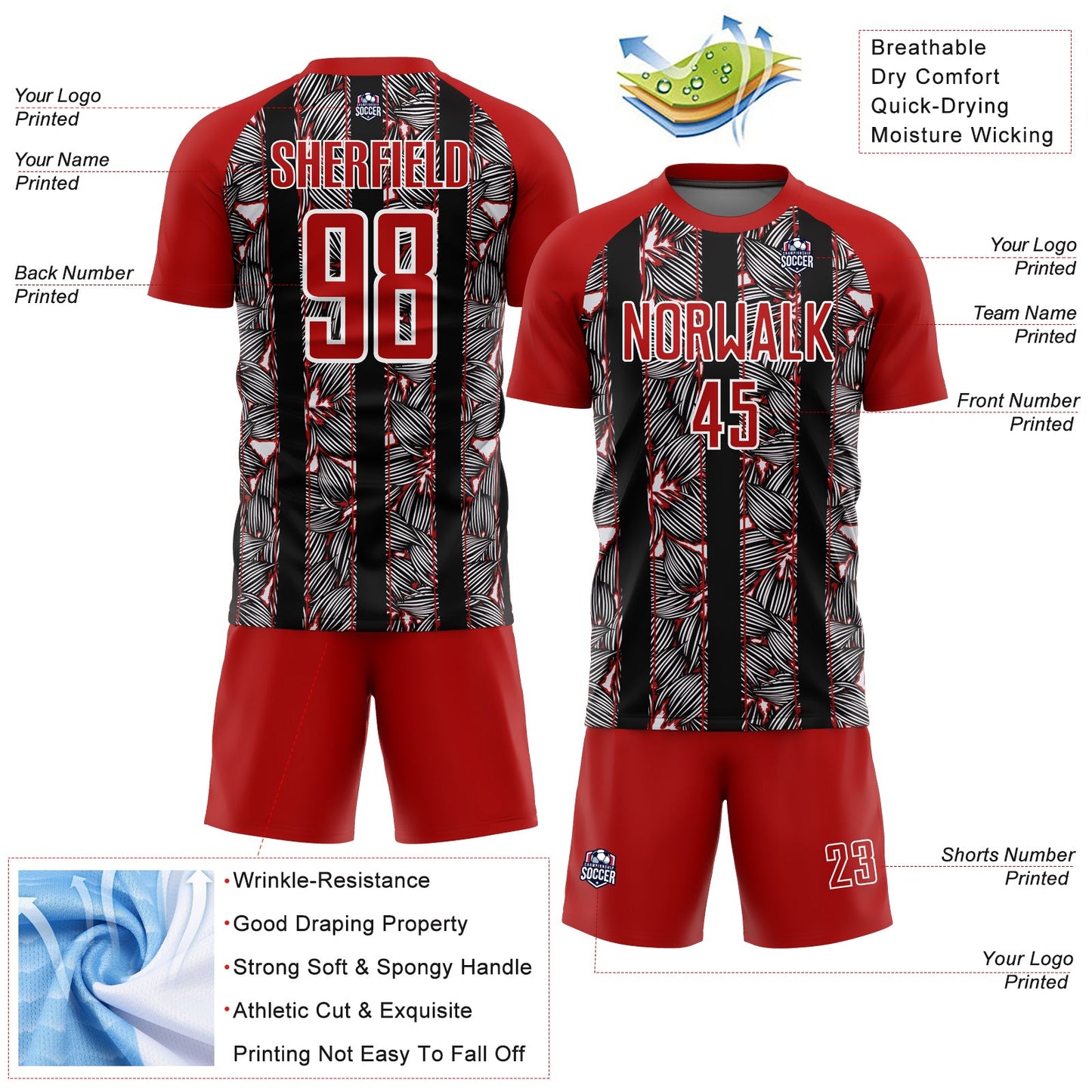 Custom Red Black-White Flowers Sublimation Soccer Uniform Jersey - Sky-Custom