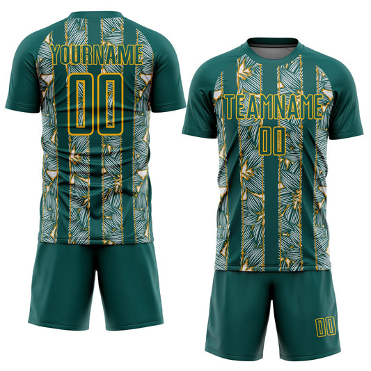 Custom Midnight Green Gold Flowers Sublimation Soccer Uniform Jersey - Sky-Custom