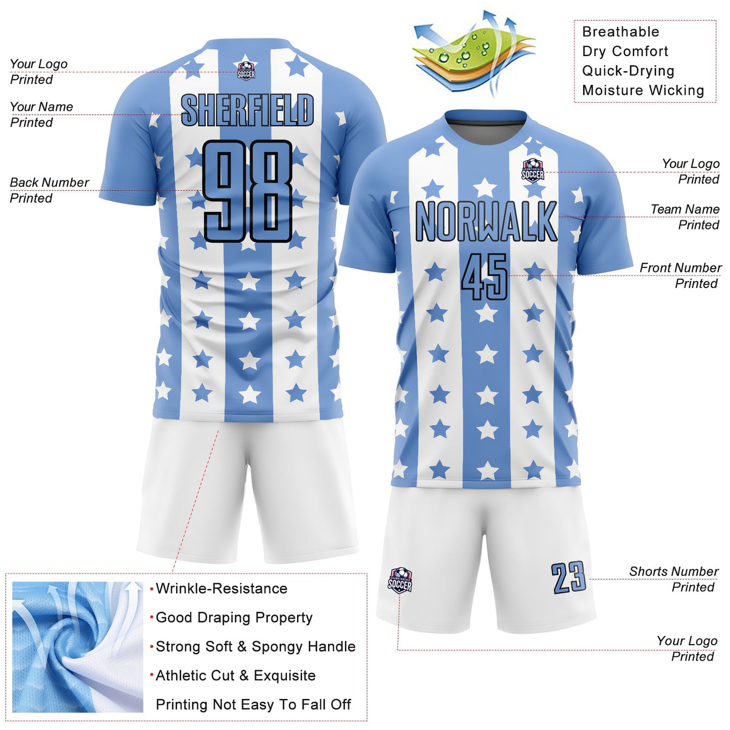 Custom Light Blue Black-White Stars And Stripes Sublimation Soccer Uniform Jersey - Sky-Custom