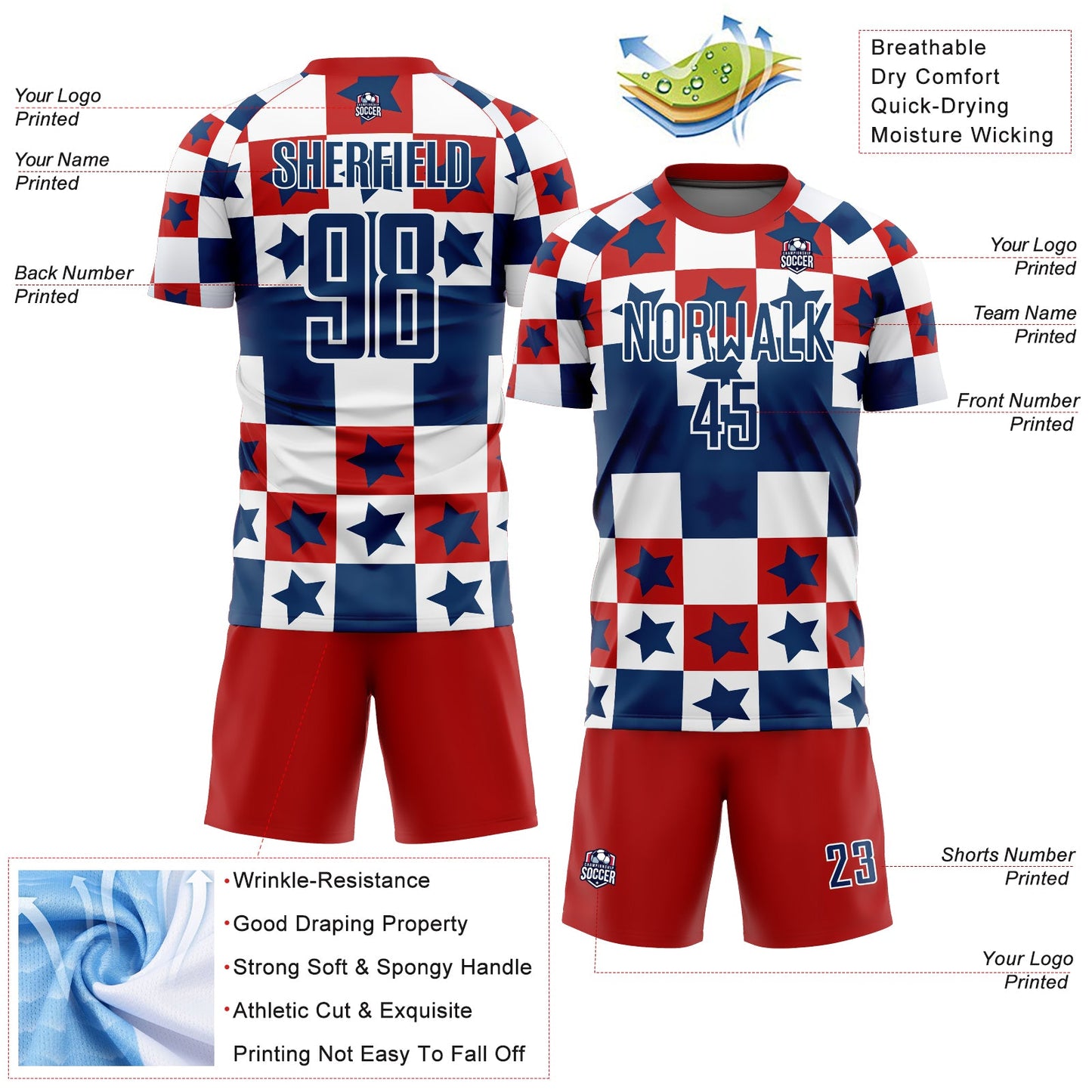 Custom Royal Red-White Stars And Squares Sublimation Soccer Uniform Jersey - Sky-Custom