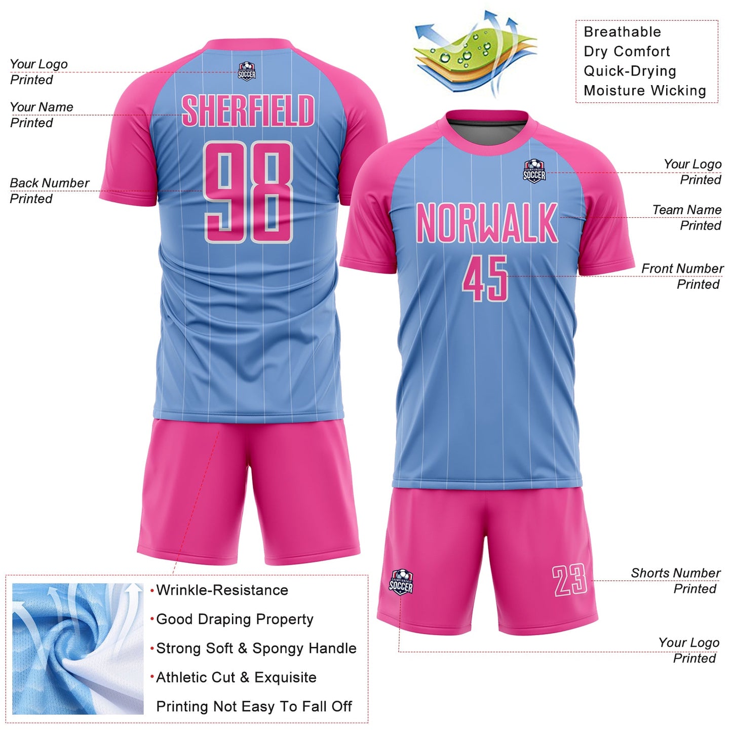 Custom Light Blue Pink-White Pinstripe Sublimation Soccer Uniform Jersey - Sky-Custom