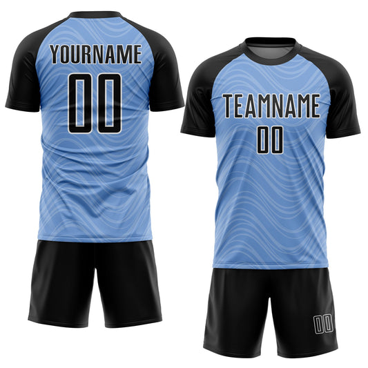 Custom Light Blue Black-White Wavy Lines Sublimation Soccer Uniform Jersey - Sky-Custom