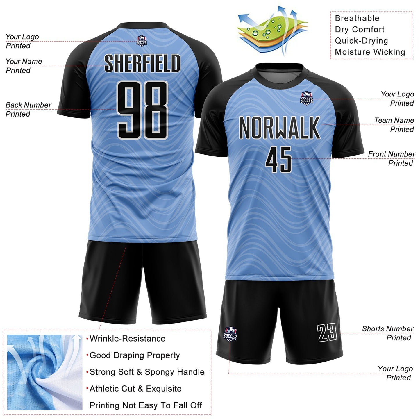 Custom Light Blue Black-White Wavy Lines Sublimation Soccer Uniform Jersey - Sky-Custom
